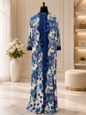 Floral Long Kimono Robe in Navy & Cream